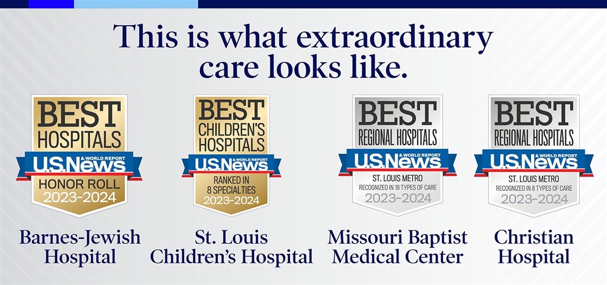 A banner image with U.S. News & World Report Best Hospitals rankings for Barnes-Jewish Hospital, St. Louis Children's Hospital, Missouri Baptist Medical Center, and Christian Hospital